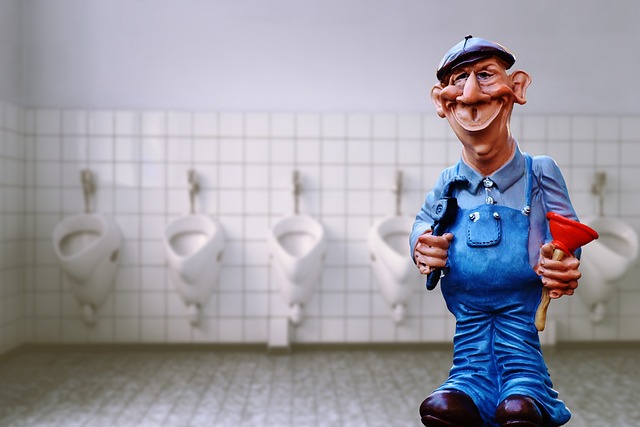 A figurine of a plumber holding a plunger in a bathroom
