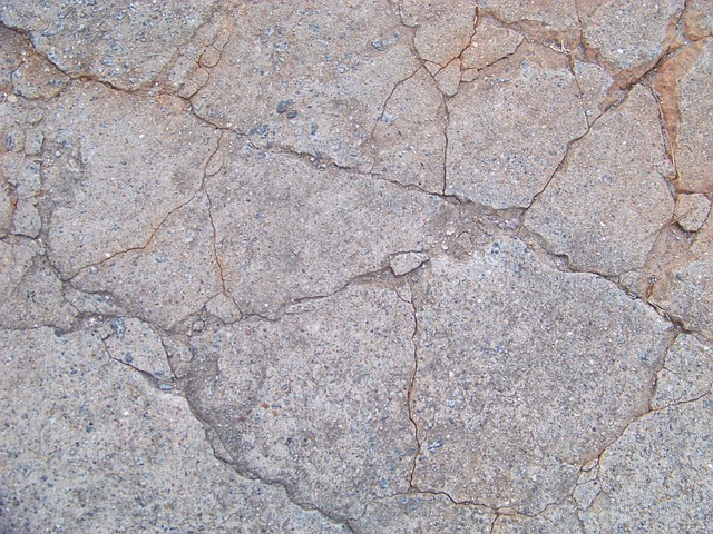 A close-up of severely cracked concrete pavement
