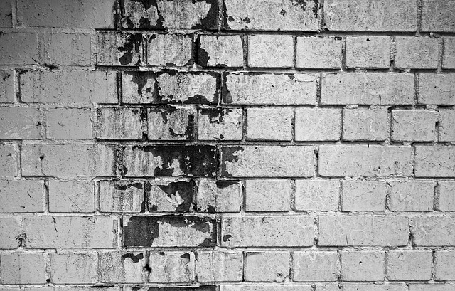 A brick wall with dark stains and peeling paint
