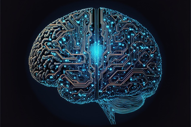 A digital human brain overlaid with glowing blue circuit board patterns