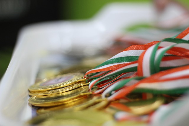 A collection of gold medals with colorful ribbons in a tray