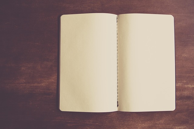 An open blank notebook on a wooden surface